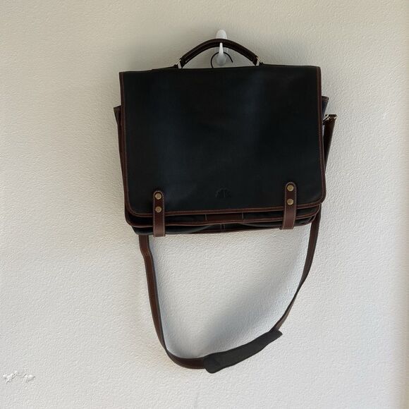 Roots Canada Leather Laptop Messenger Bag Breifcase Crossbody Black Brown - Picture 1 of 11